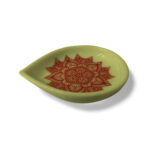 Ceramic Oil Lamp with Red Mandala Art - Light Green Color Base for Home, Temple Alter Or Decorations
