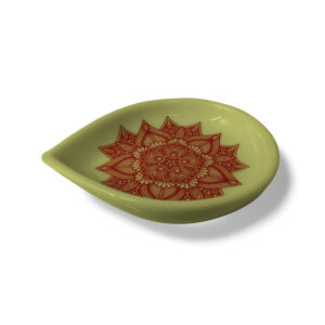 Ceramic Oil Lamp with Red Mandala Art - Light Green Color Base for Home, Temple Alter Or Decorations
