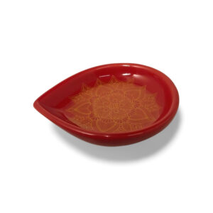 Ceramic Oil Lamp with Yellow Mandala Art - Red Base for Home, Temple Alter Or Decorations