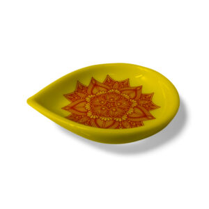 Ceramic Oil Lamp with Red Mandala Art - Yellow Base for Home, Temple Alter Or Decorations